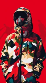 Camouflaged streetwear figure stands bold against red field.