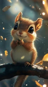 Cute chipmunk holds nut on branch under glowing forest light