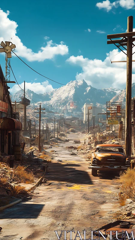 Post-apocalyptic desert highway with derelict town structures.