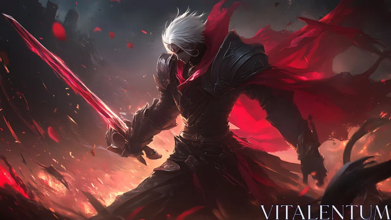 Crimson-energized dark knight amidst incendiary battlefield chaos.