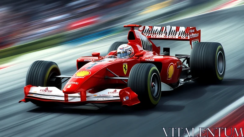 Photorealistic Formula One scarlet racer in high-speed motion.