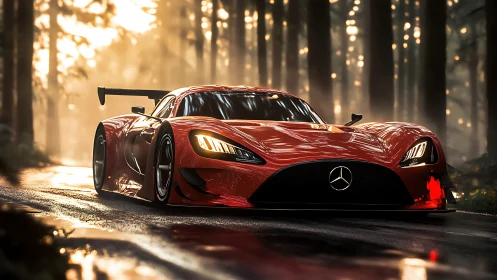Sunlit forest sprint with a sleek red Mercedes racer.