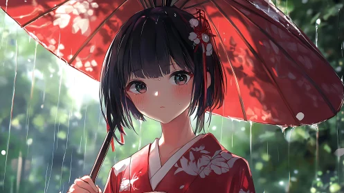 Rain-soaked kimono portrait under diffuse bokeh canopy.