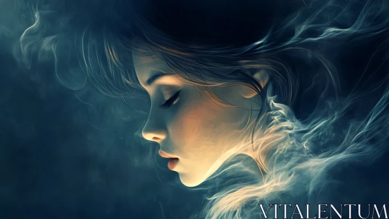 Dreaming woman dissolves into swirling ethereal smoke.