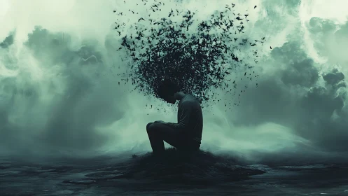 Silhouetted figure dissolving into flocked particles amid storm