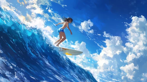 Dynamic surfer cutting across cobalt wave under vivid sky.