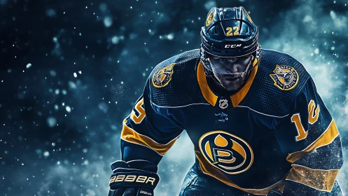 Powerful hockey player charges forward under icy arena lights