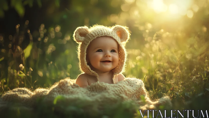 Infant seated in natural light wearing knitted animal costume