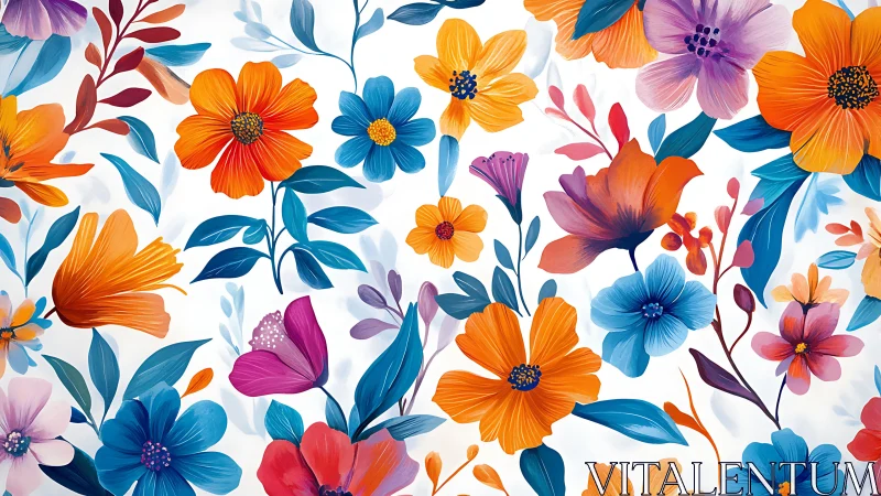 Vibrant Botanical Floral Pattern with Multicolored Blooms Against White.