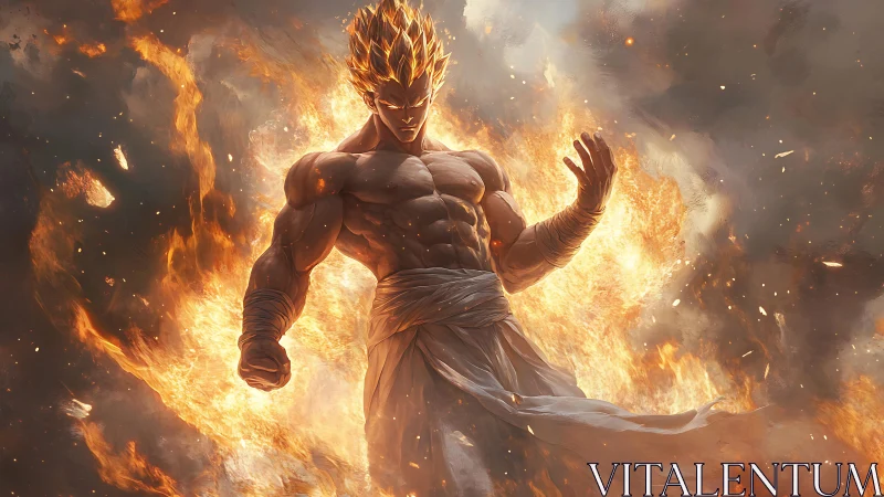 Inferno‑crowned warrior ignites amid storm of celestial fire.