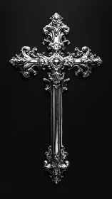 Ornate silver cross with baroque detailing on black background.
