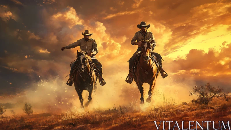 Cowboys riding at speed through dusk-lit desert dust