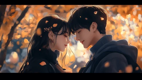 Autumn anime portrait of intimate couple in soft bokeh field.
