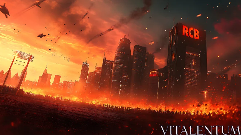 Dystopian city skyline burns beneath red storm clouds