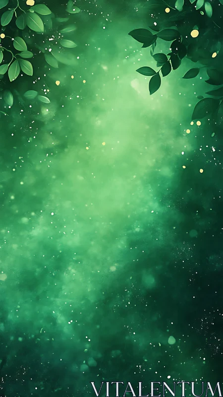 Green botanical composition with bokeh particles and foliage.