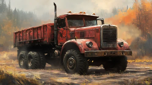 Weathered red dump truck dominates misty autumn forest road