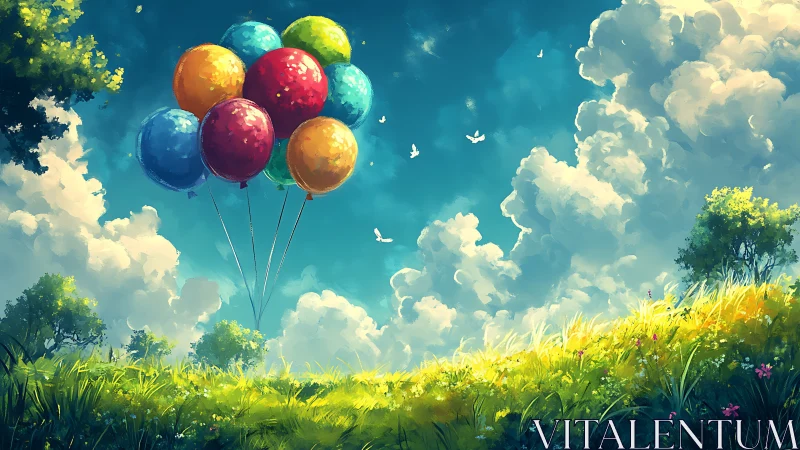 Luminous Balloons Float Above Verdant Meadow Under Turquoise Sky