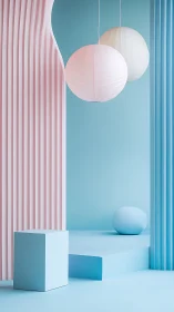 Pastel geometric studio with paper lantern spheres.