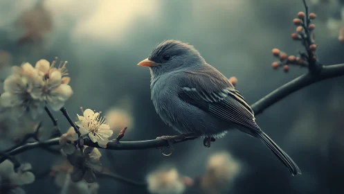 Delicate Songbird on Blossoming Branch in Soft Dreamy Light.