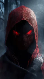 Red-hooded watcher emerges with glowing demonic eyes.