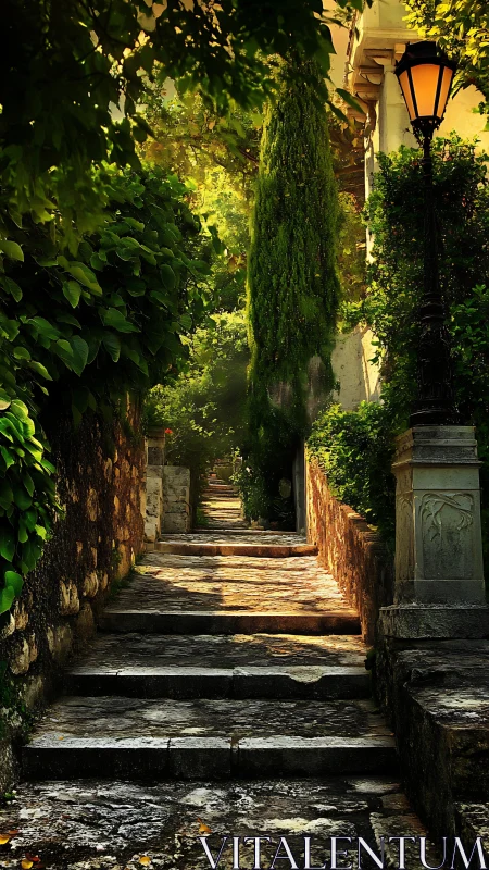 Photorealistic garden stairway with dappled golden light.