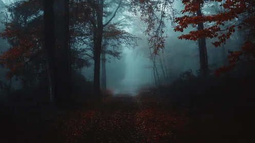 Moody misted forest path with cinematic low-key lighting.