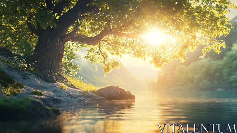 Golden-hour lakeside tree in luminous digital landscape painting.