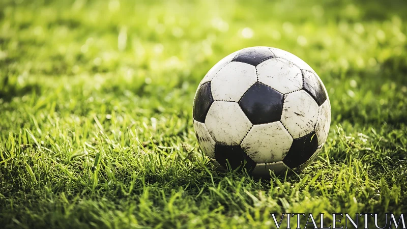 Weathered soccer ball on sunlit grass with shallow depth of field