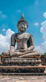 Seated stone Buddha statue under bright tropical sky