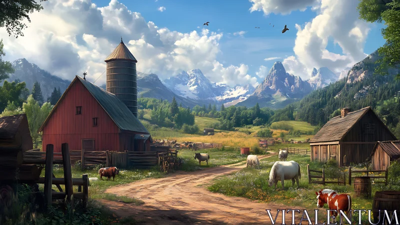 Sunny mountain farmstead unfolds in a peaceful summer valley