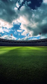 Panoramic sports arena under dynamic cumuliform skyscape.