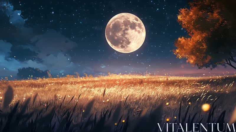 Moonlit wheatfield shimmers under star-bright autumn sky.