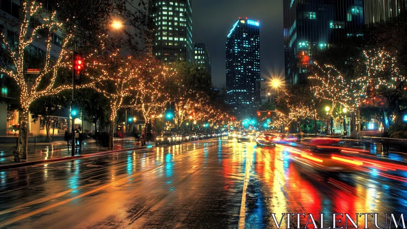 Glistening city boulevard glows with colorful night reflections