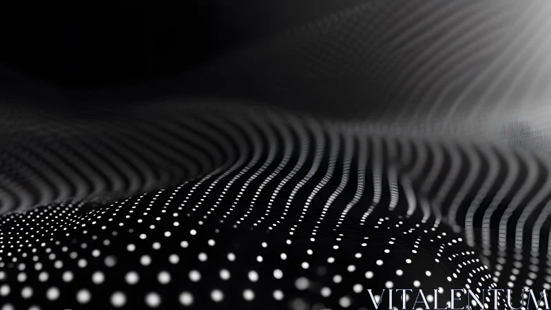 Abstract waves of white dots and lines on black background, digital art.