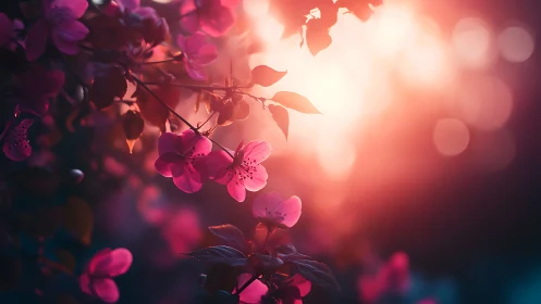 Backlit Flowering Branches with Warm Atmospheric Light and Bokeh Gradient