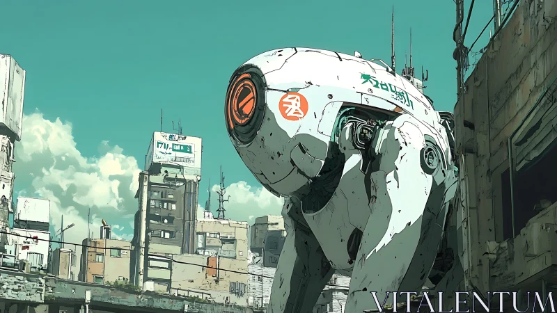 White quadruped robot stands in decayed urban cityscape
