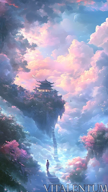 Mountain path leading to elevated temple amid dense clouds.