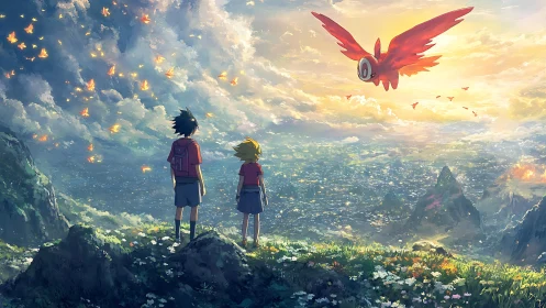 Mountain vista with kids watching red flying creature at dawn.