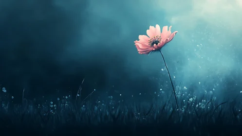 Pink flower stem positioned prominently against teal gradient field background.