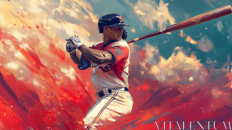 Baseball hitter in bold digital painting swing pose.