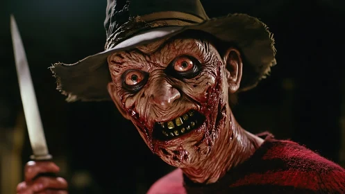 Grotesque humanoid figure with hat, knife and damaged skin.