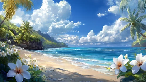 Tropical Coastal Landscape: Plumeria-Framed Beach With Emerald Cliffs