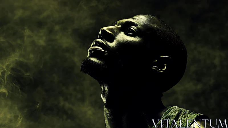 Side-lit portrait silhouette in dramatic green haze.