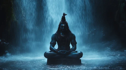 Shiva meditates beneath cascading blue-lit sacred waterfall.