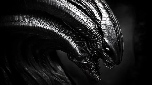 Midnight alien creature sculpted in glistening shadowed metal.