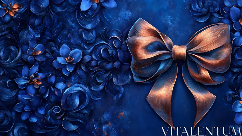 Deep Blue Ornamental Matte Finish Bow with Metallic Bronze Striping