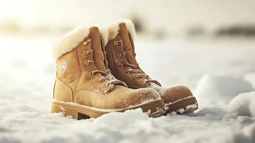 Brown winter boots stand in fresh snow under soft light