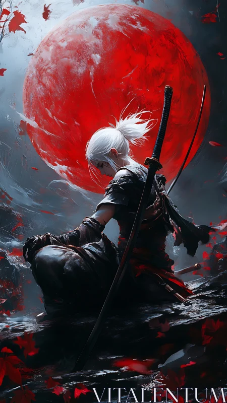 Blood moon ronin in scarlet storm of falling leaves.