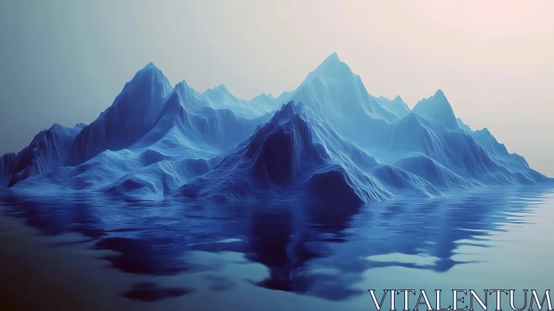 Iridescent blue mountains rise over a mirrored water surface.