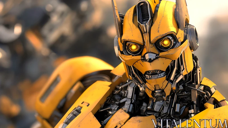 Yellow humanoid robot close-up with mechanical details.